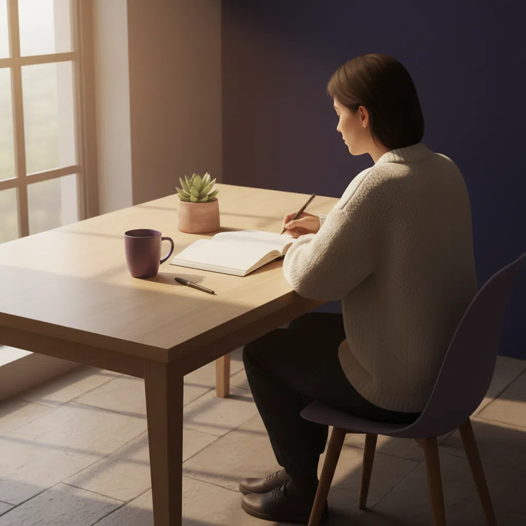 Anonymous person at a wooden desk with an open notebook and a ceramic mug in warm natural window light