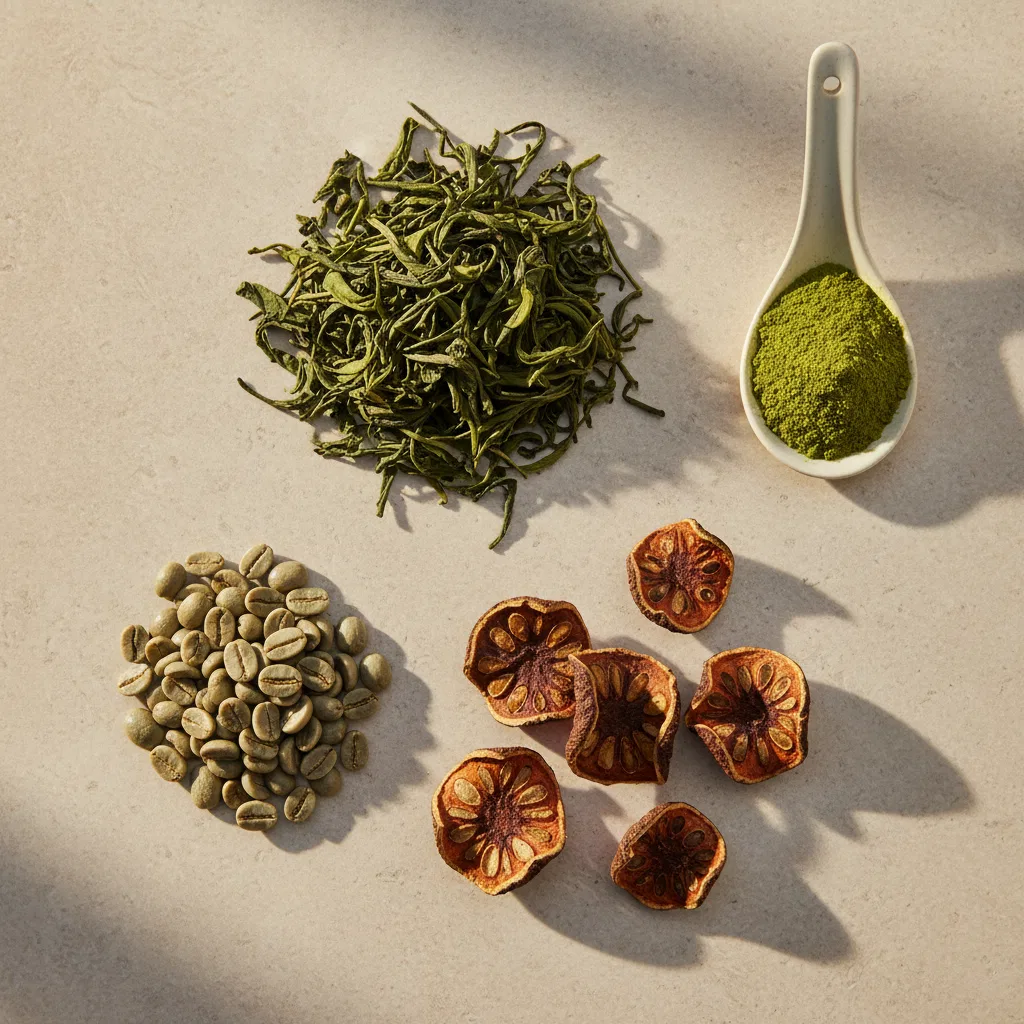 Overhead flat-lay of green coffee beans, garcinia cambogia rind, green tea leaves and matcha powder on a stone surface