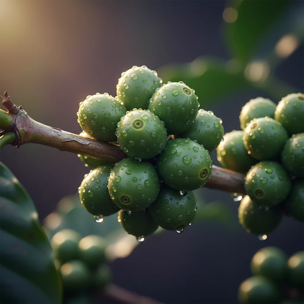 Ripe green coffee cherries on a branch with dew drops in lush green surroundings