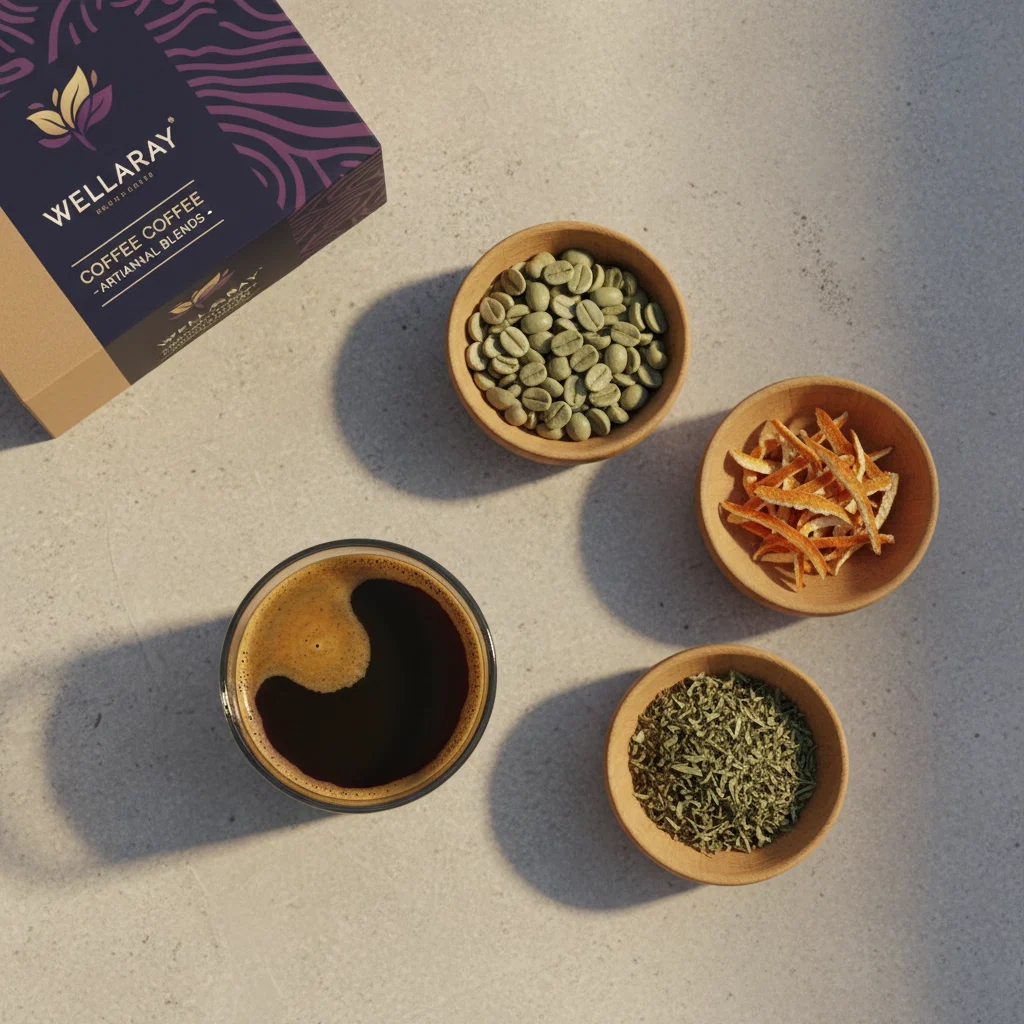 A glass of coffee next to botanical ingredient bowls and a Wellaray Coffee box on a grey stone surface