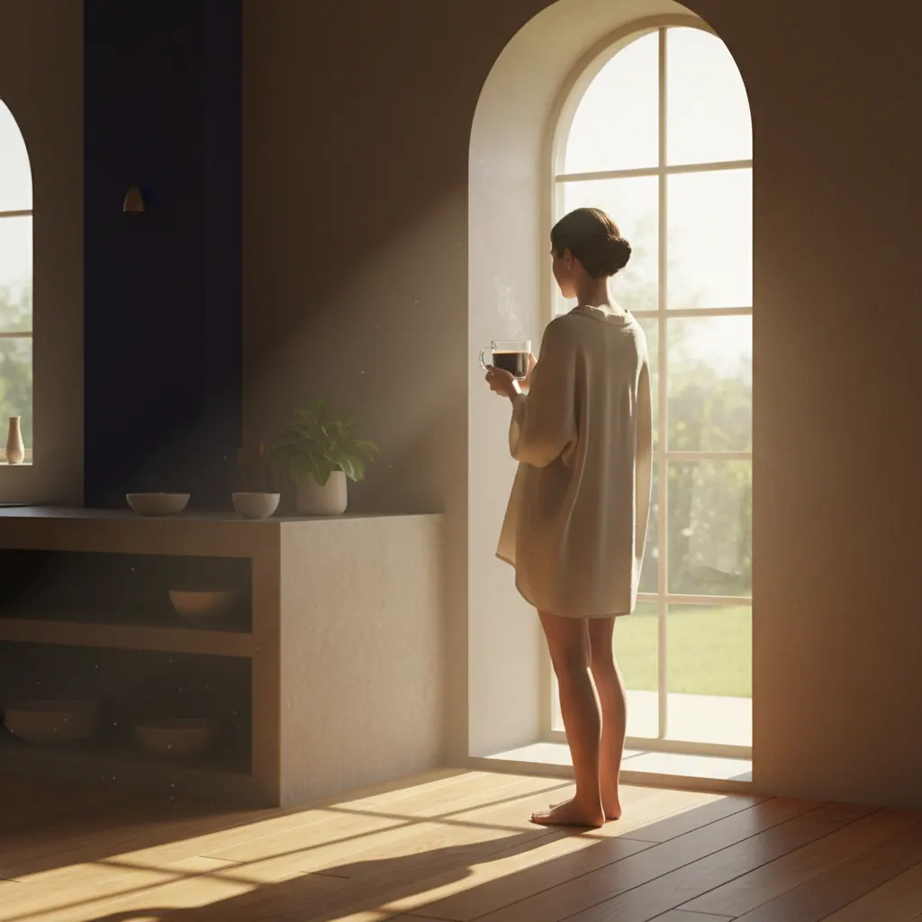 Anonymous person from behind holding a glass mug of coffee in morning window light